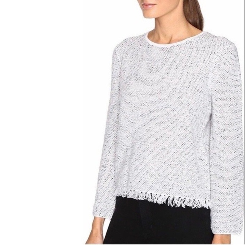 Theory Vendla white mix tweed sweater with fringe hem Size S